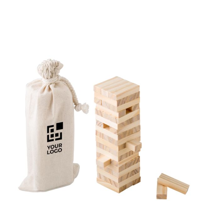Juego de habilidad con bloques de madera de pino FSC en bolsa algodón