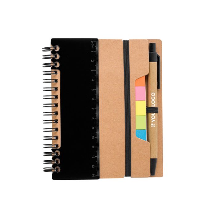 Libreta de papel reciclado con notas adhesivas, boli y hojas a rayas