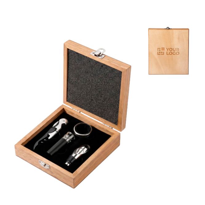 Set de vino con accesorios de acero inoxidable en caja de madera