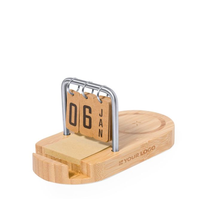 Cargador inalámbrico de bambú con calendario y soporte para móvil 15W