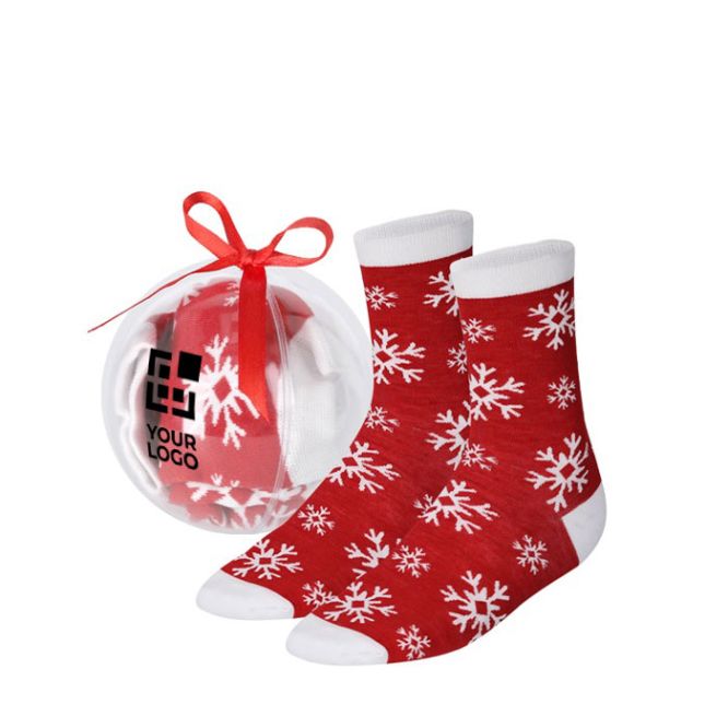 Bola de navidad transparente con un par de calcetines navideños talla S/M