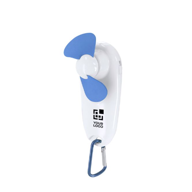 Ventilador portátil con linterna LED y mosquetón de transporte