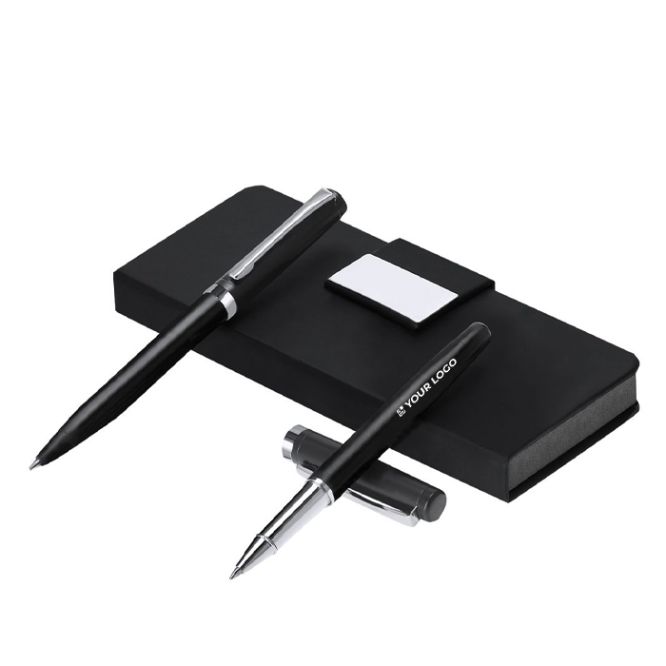 Set de bolígrafo y roller de acero inox. con estuche y tinta azul