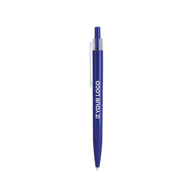 Bolígrafo pulsador de plástico con clip transparente y tinta azul