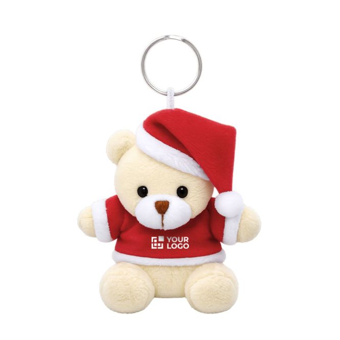 Llavero de osito de peluche con traje y gorro navideño