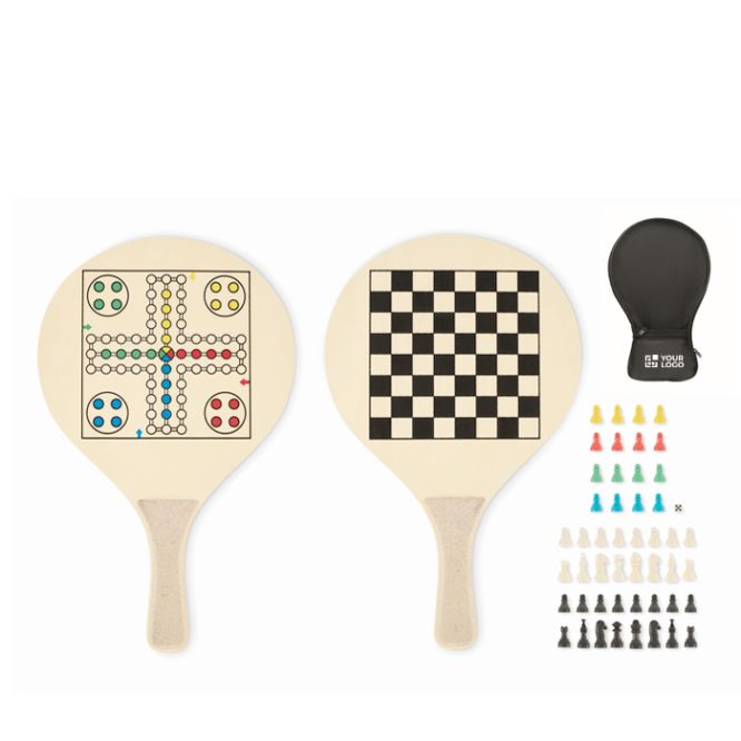 Palas de playa de madera con juegos y bolsa de malla RPET