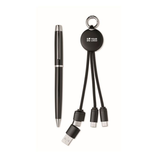 Set de regalo con bolígrafo de metal y llavero con cable de carga 2 en 1