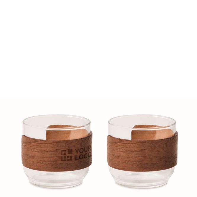 Set de 2 tazas de café en vidrio con banda de madera de nogal 120ml