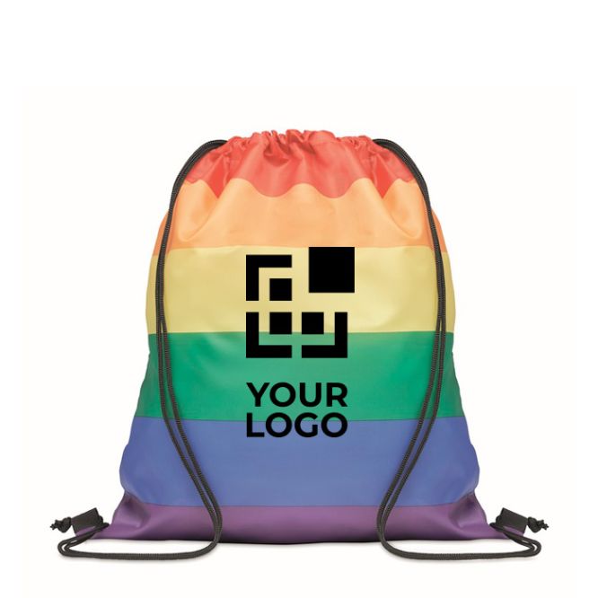 Mochila de cuerdas de PP con colores arco iris con el logo de empresa para ferias y eventos