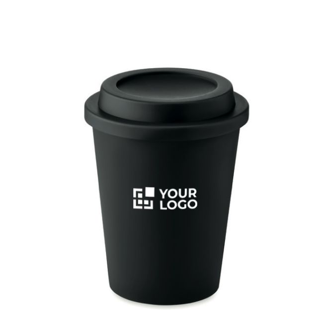 Vaso con doble pared hecho de plástico con tapa de color negro 300 ml con logotipo para cafeterías y bares