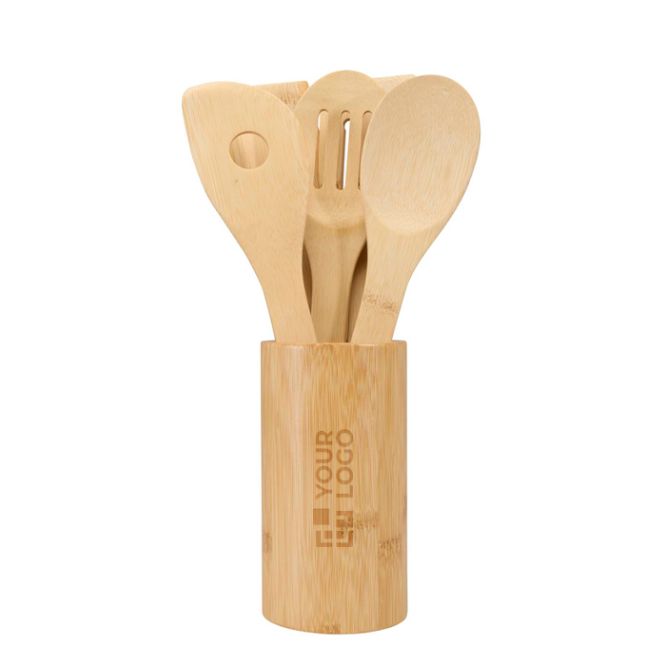 Juego de cinco espátulas de cocina con soporte de bambú
