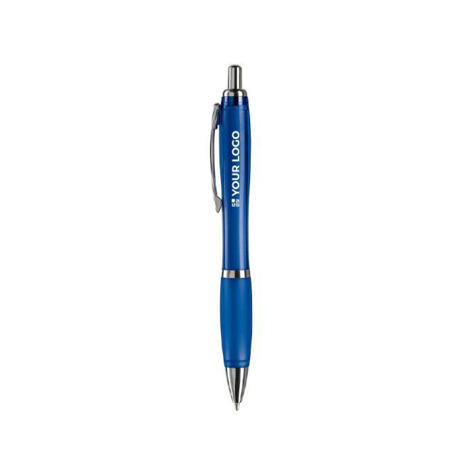 Bolígrafo de plástico transparente con detalles metálicos y tinta azul