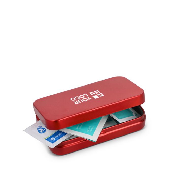 Botiquín de primeros auxilios en caja metálica de color rojo con estándar europeo para merchandising