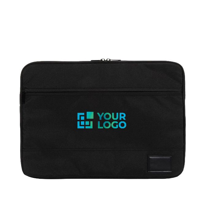 Funda para portátil personalizada poliéster reciclado 15,6'' con doble bolsillo y cremallera para empresas de color negro