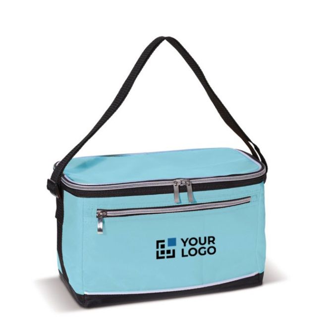 Nevera portátil de poliéster con asa negra y bolsillo frontal