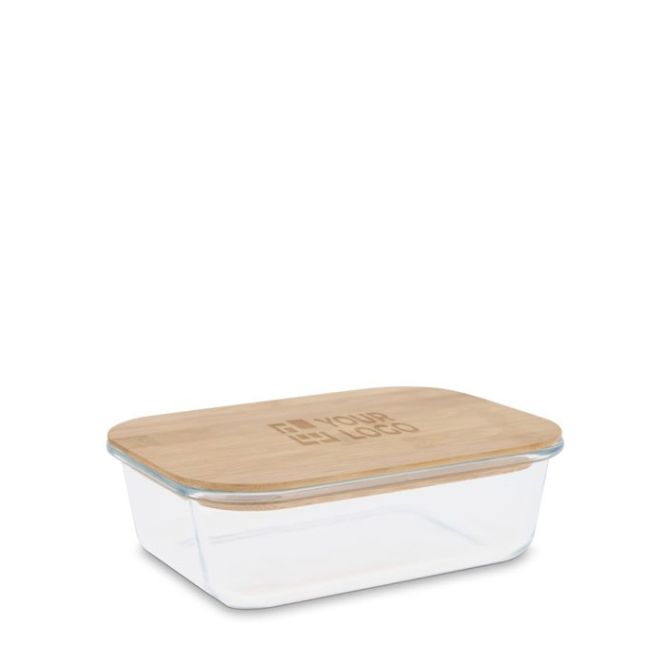 Clásica fiambrera rectangular de cristal con tapa de bambú vista principal