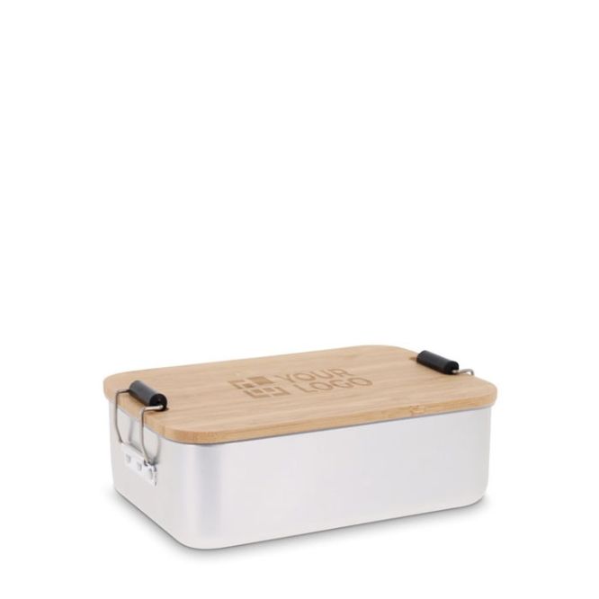 Fiambrera de aluminio con tapa de bambú y cierre metálico vista principal