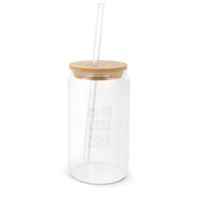 Vaso de cristal con tapa de rosca de bambú y pajita 450ml