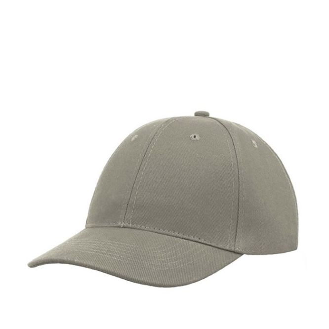 Gorra de algodón cepillado de 6 paneles con cierre de hebilla color gris claro vista de impresión