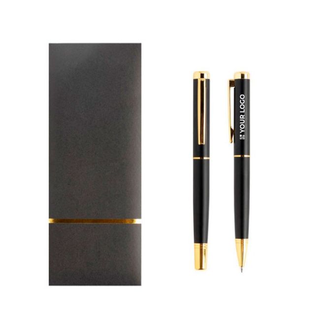 Set de bolígrafo y roller de metal con aire elegante tinta azul