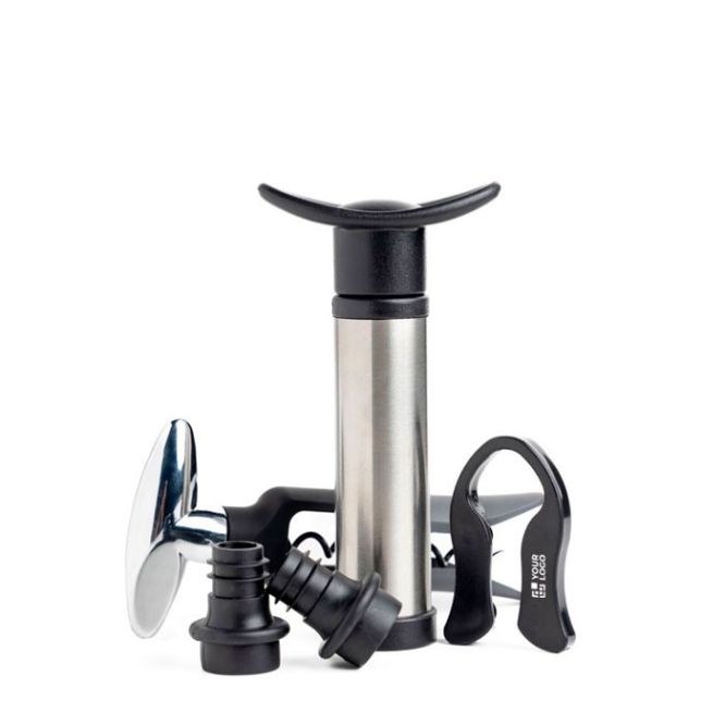 Set de vino con varios utensilios como una bomba o un sacacorchos color negro vista de impresión