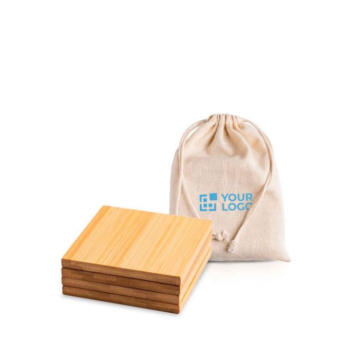 Set de 4 posavasos de bambú con una bolsa de algodón incorporada
