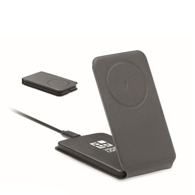 Cargador inalámbrico plegable con soporte para móvil 15W color negro vista de impresión