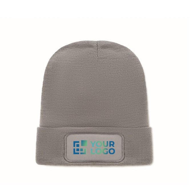Gorro unisex de poliéster RPET con parche para personalización color gris oscuro vista de impresión