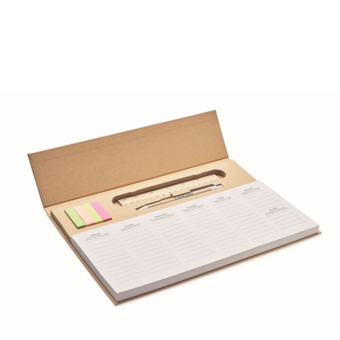 Planificador semanal con bolígrafo de tinta azul, regla y adhesivos