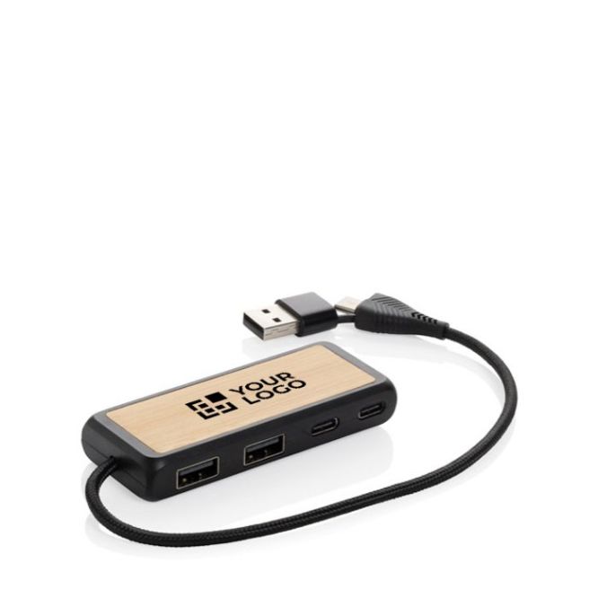 Hub USB de plástico reciclado y bambú con 4 puertos y cable dual