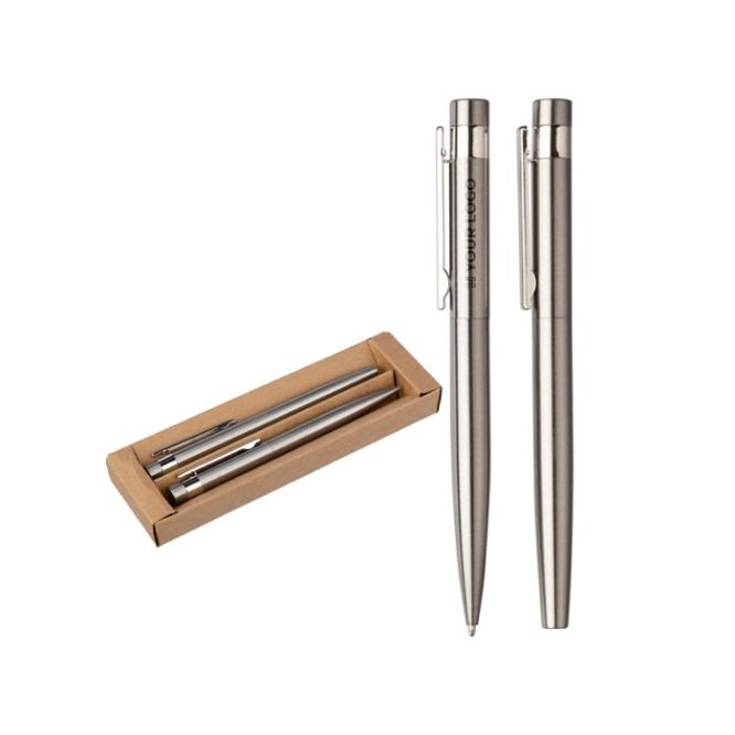 Set de bolígrafo y roller de acero inoxidable tinta azul color plateado vista de impresión