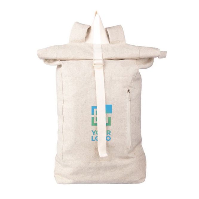 Mochila enrollable de cáñamo con pequeña cremallera frontal 280 g/m2 color caqui vista de impresión