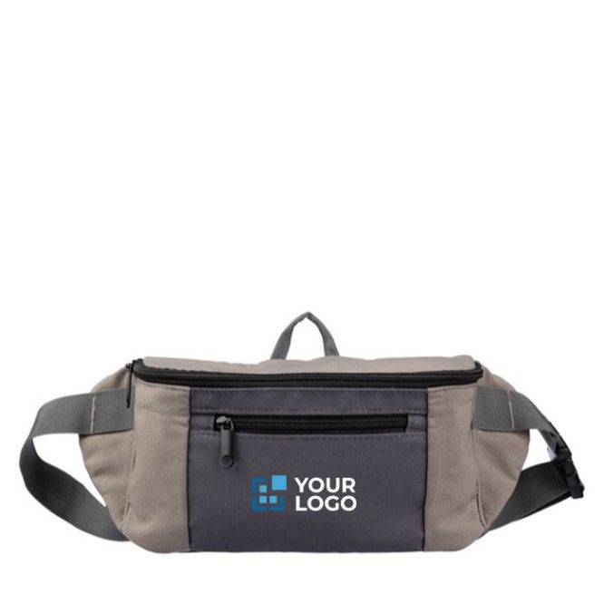 Riñonera tricolor de poliéster con bolsillo frontal y superior color marrón grisáceo vista de impresión