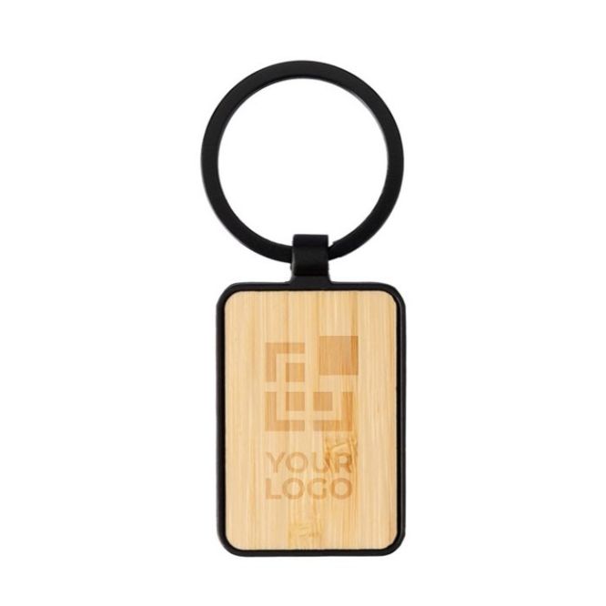 Llavero de bambú con borde y colgador de metal negro personalizable color negro vista de impresión