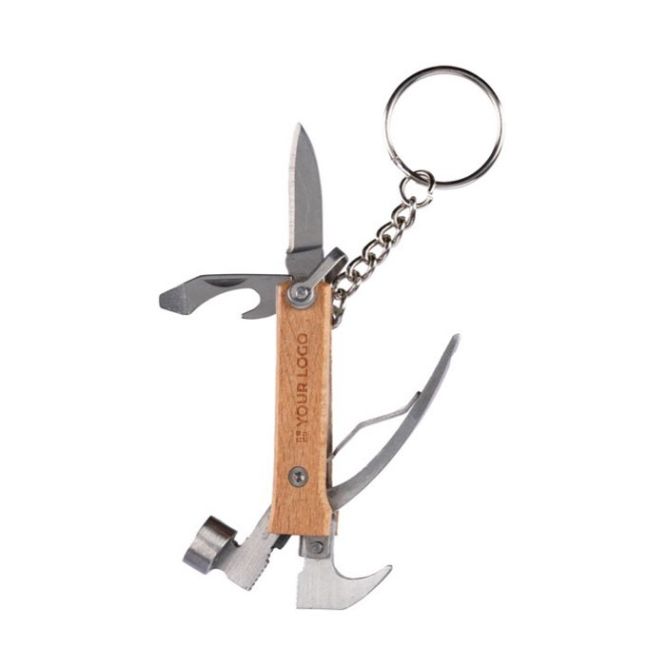 Llavero de bambú con función multiherramienta en forma de martillo