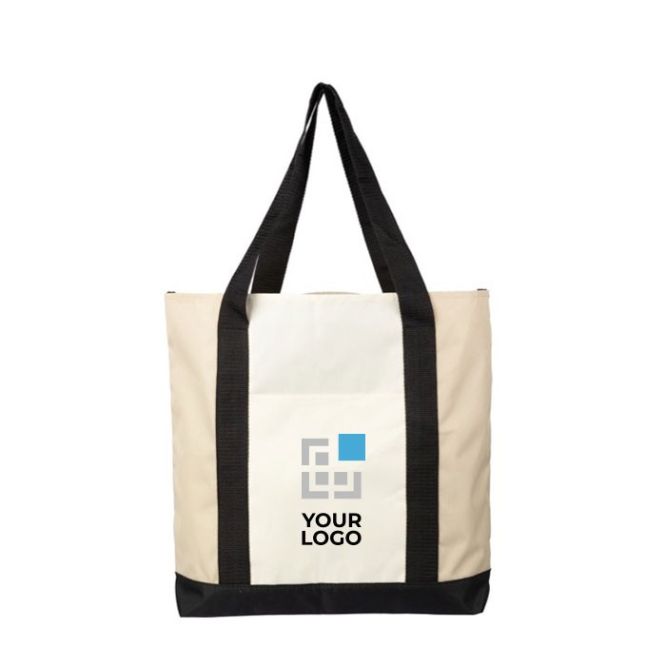 Bolsa de RPET con cremallera en parte superior y bolsillo delante color beige vista de impresión