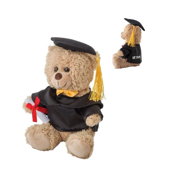 Osito de peluche con bata, gorro y diploma de graduación