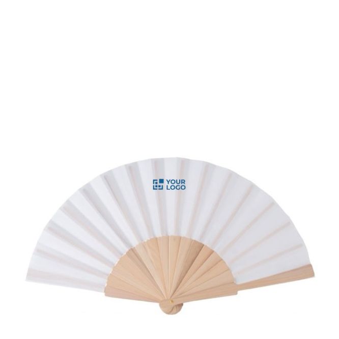Abanico hecho de RPET color blanco con mango de madera clara