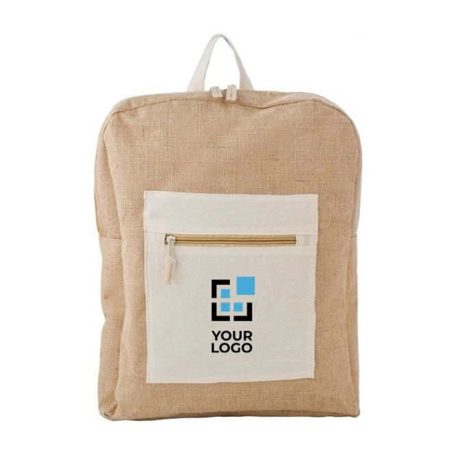 Mochila hecha de yute y algodón con bolsillo y cremallera frontal