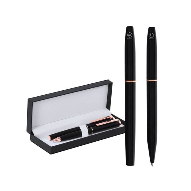 Bolígrafo y roller de acabado mate en elegante estuche tinta azul