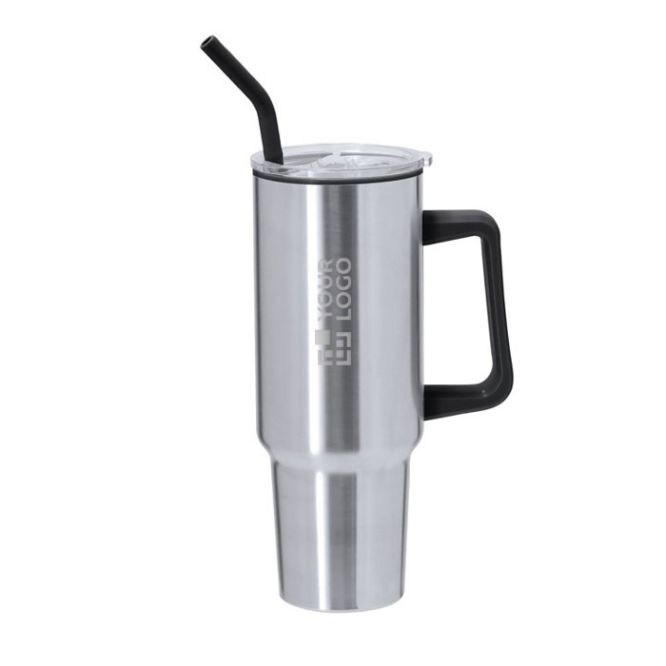 Vaso térmico de acero inoxidable con asa y pajita negra 1.2L vista principal