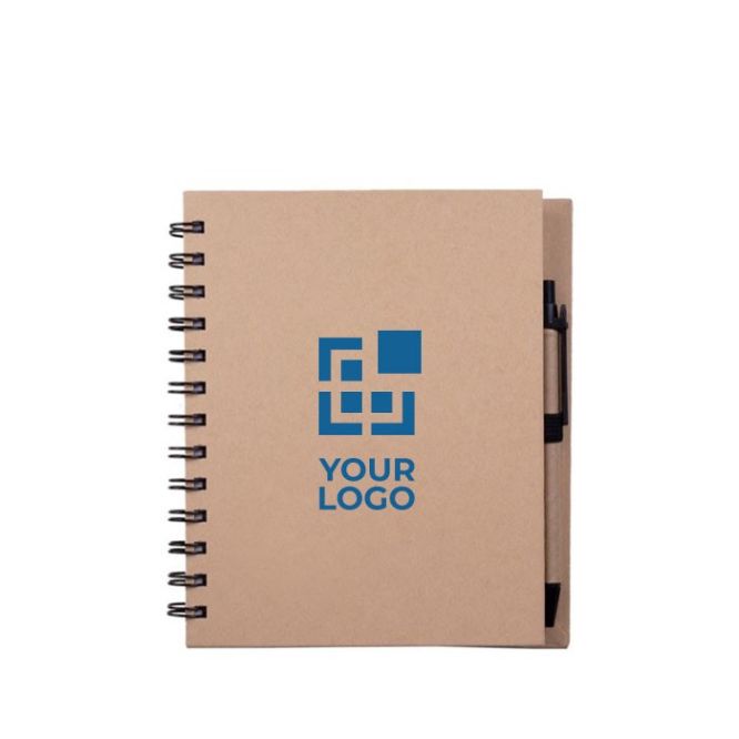 Libreta con bolígrafo de tinta azul y papel reciclado de hojas lisas