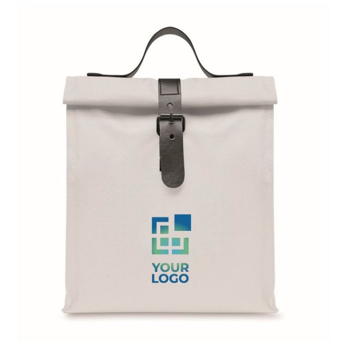 Bolsa nevera rolltop de poliéster con asa y cierre de cuero