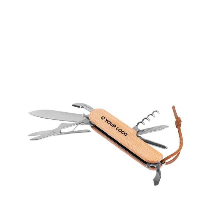 Navaja multifunción de bambú y acero inoxidable con cordón