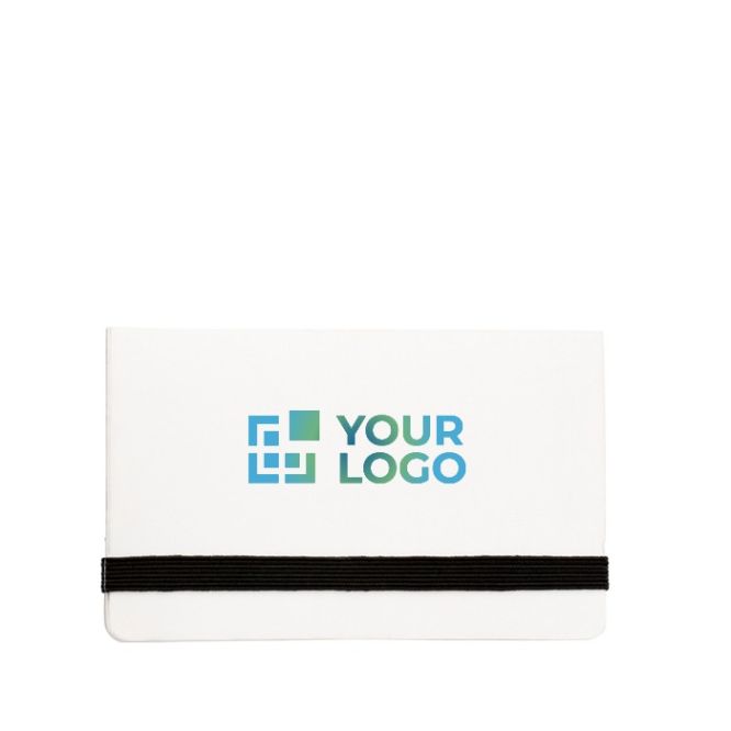 Porta memos de cartón con cierre elástico y bolsillo para tarjetas color blanco vista de impresión