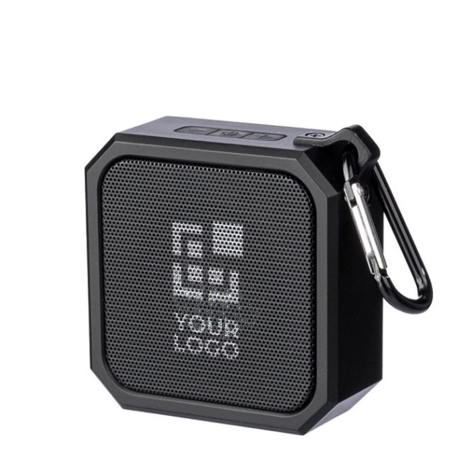 Pequeño altavoz cuadrado personalizable con mosquetón para transporte