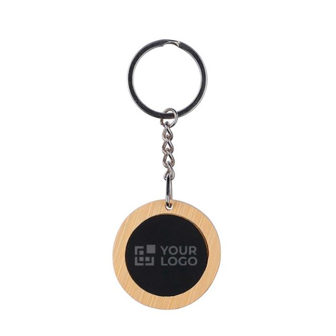 Llavero redondo de bambú con superficie negra para personalizar color negro vista de impresión