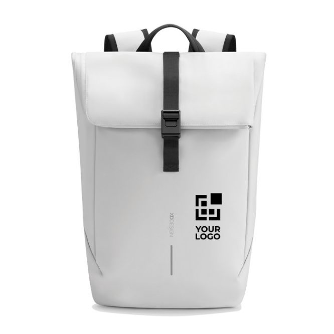 Mochila multiusos con tejido resistente al gua y solapa PC 16” color blanco roto vista de impresión