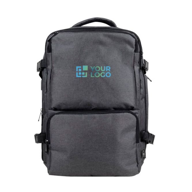 Mochila de poliéster RPET con múltiples compartimientos y un zapatero color gris vista principal