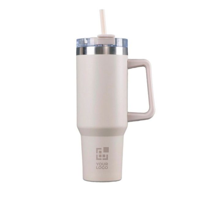 Botella de acero inox reciclado con pajita y asa de transporte 1.18 L color beige vista principal